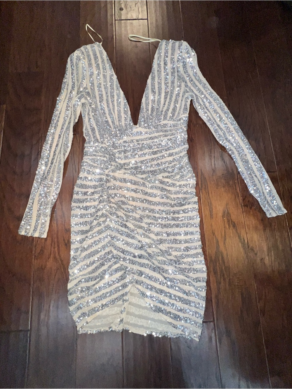 Luxxel Silver Sequin Deep V Long Sleeve Cocktail Dress